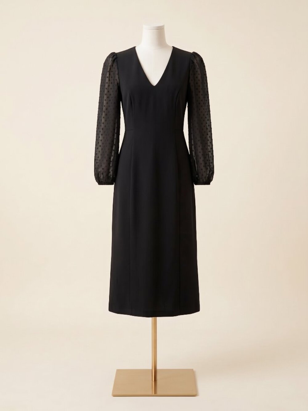 Eliza J Black V-Neck Sheer Swiss Dot Balloon Sleeve Sheath Midi Dress Size 6